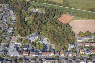 Aerial view, forest canal dump and old landfill, Haus Maximilian nursing home, Datteln-Hamm canal,