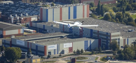 Aerial photo, voestalpine Böhler Welding Deutschland GmbH, aeroplane in the air, Hamm, Ruhr area,