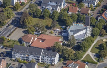 Aerial view, construction site church St. Bonifatius, Catholic parish St. Bonifatius, Werries,
