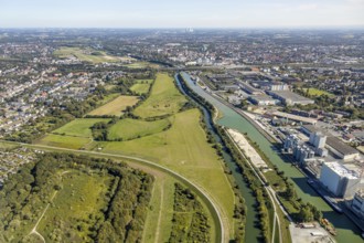 Aerial view, Lippe floodplain, Kornmersch, river Lippe, Datteln-Hamm canal, view over Hamm, Hamm,