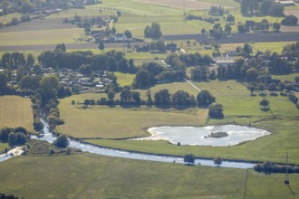 Aerial view, nature reserve Heidemühle, river Lippe, pond with island, Hamm, Ruhr area, North