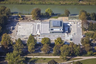 Aerial view, new construction water sports centre, construction area Adenauerallee, at Hammonense