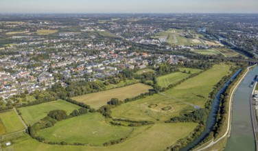 Aerial view, Lippe floodplain, Kornmersch, river Lippe, Datteln-Hamm canal, view over Hamm, Hamm,