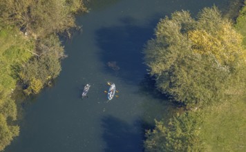 Aerial view, paddling and canoeing, river Lippe, Lippe floodplains, riverbank vegetation, Hamm,