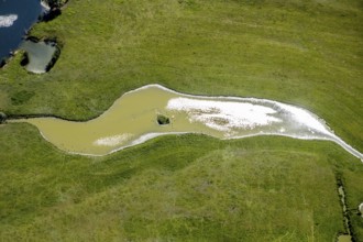 Aerial view, pond with island and water birds in the Lippe floodplains, Hamm, Ruhr area, North