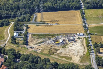 Aerial view, construction site canal construction at Hüller Bach, Hofstraße, animal shelter animal