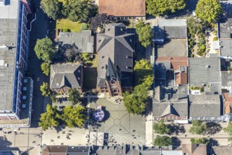 Aerial view, Christuskirche Wanne-Eickel, children's carousel, Herne, Ruhr area, North