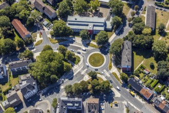 Aerial view, roundabout Bielefelder Straße, Königstraße, Schule an der Dorneburg, Herne, Ruhr area,