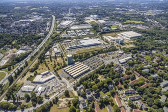 Aerial view, gasometer Herne, industrial area Lindenallee, Herne, Ruhr area, North