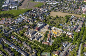 Aerial view, Bildungszentrum Ruhr, Widumer Quartier residential area, church, Kath. Kirchengemeinde