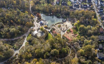 Aerial view, Maximilianpark Hamm, children's playground, fountain pond, Uentrop, Hamm, Ruhr area,