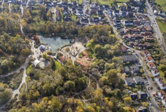 Aerial view, Maximilianpark Hamm, children's playground, fountain pond, Uentrop, Hamm, Ruhr area,