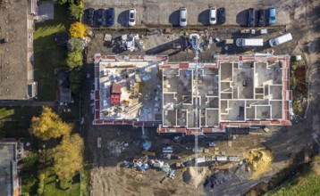 Aerial view, residential buildings construction site Röntgenstraße, Pelkum, Hamm, Ruhr area, North