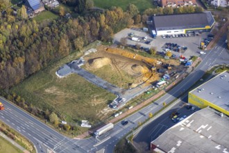 Aerial view, construction area for Galerie Mensing at the intersection of Werler Straße and Unnaer