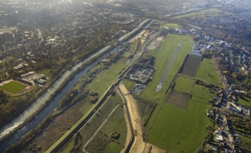 Aerial view, Hamm airfield, Lippe floodplain, Münsterstraße, Hamm lock, Lippe river, Datteln-Hamm