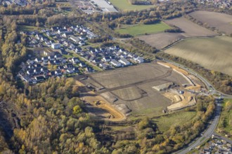 Aerial view, construction area at Sachsenring, roundabout, housing estate, Heessen, Hamm, Ruhr