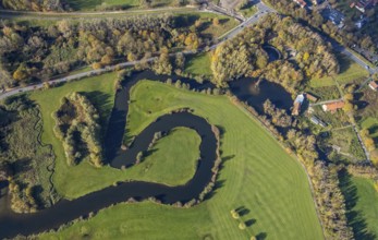 Aerial view, Schlossmühle, Mühlengraben, Mühlenteich, An der Schlossmühle, Hamm, Ruhr area, North