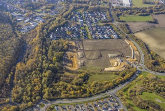 Aerial view, construction area at Sachsenring, roundabout, housing estate, Heessen, Hamm, Ruhr