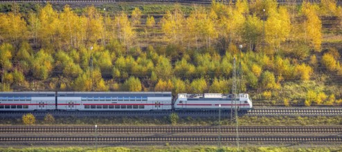 Aerial view, double-decker passenger train, centre, Hamm, Ruhr area, North Rhine-Westphalia,