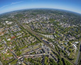 Aerial view, townscape with fisheye lens, goods station, overview, centre-west, Herne, Ruhr area,