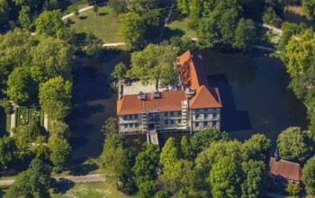 Aerial view, renovation Strünkede Castle, Herne, Ruhr area, North Rhine-Westphalia, Germany,