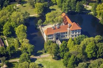 Aerial view, renovation Strünkede Castle, Herne, Ruhr area, North Rhine-Westphalia, Germany,