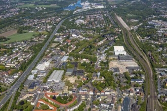 Aerial view, industrial area Baukau, motorway A42, view to Herne Nord, building area Fabrikstraße,
