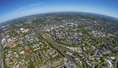 Aerial view, townscape with fisheye lens, goods station, overview, centre-west, Herne, Ruhr area,