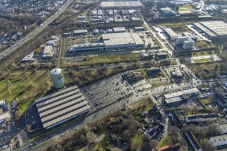 Aerial view, gasometer Herne, industrial area Lindenallee, Holsterhausen, Herne, Ruhr area, North