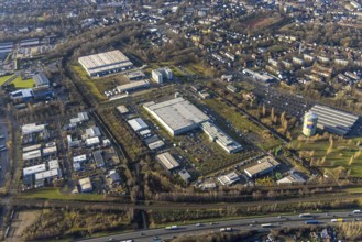 Aerial view, gasometer Herne, industrial area Lindenallee, Koniner Straße, Holsterhausen, Herne,