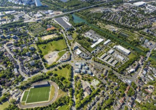 Aerial view, industrial area Westring, real-Arena football stadium Westfalia Herne 04, Seniorcampus