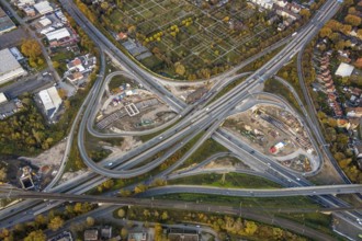 Aerial view of the motorway construction site motorway junction Herne, motorway A42 and A43, major