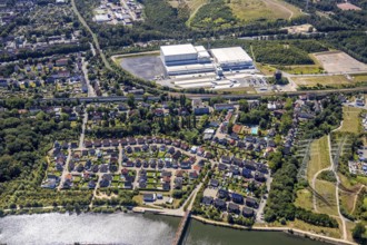 Aerial view, Nordfrost logistics centre, Former colliery Unser Fritz, shaft 1 Malakowturm, Herne,