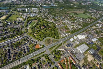 Aerial view, motorway A42, motorway junction Herne-Baukau, SchlossPark and Schloss Strünkede,