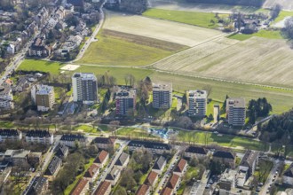 Aerial view, farmland between Wiescherstraße, Hölkeskampring and Am Düngelbruch, Herne, Ruhr area,