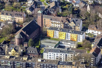 Aerial view, Catholic parish church of St Elisabeth belonging to St Dionysius, Herne, Ruhr area,
