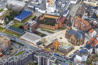 Aerial view, construction site of the new parish hall of the Kreuz-Kirchengemeinde next to the