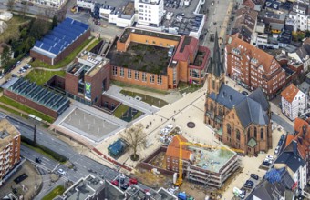 Aerial view, construction site of the new parish hall of the Kreuz-Kirchengemeinde next to the