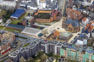 Aerial view, construction site of the new parish hall of the Kreuz-Kirchengemeinde next to the