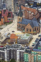 Aerial view, construction site of the new parish hall of the Kreuz-Kirchengemeinde next to the