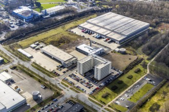 Aerial view, new job centre Herne, logistics centre Bio-Handleshaus Dennree, Herne, Ruhr area,