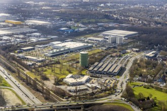 Aerial view, industrial area around the gasometer Herne and others... with Decathlon, Cafe del Sol,