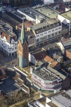 Aerial view, architectural monument tower of the old Bonifatius church integrated into a row of