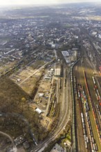 Aerial view, Heitkamp-Brache an der Landgrafenstraße / Langekampstraße, railway tracks freight yard