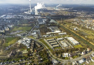 Aerial view, industrial area at the Rhine-Herne Canal Westring / Bahnhohstraße with Bofrost / bush