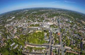 Aerial view, townscape with fisheye lens, park at Bergelmanns Hof, cultural centre Herne, town