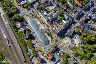 Aerial view, futuristic bus station at Herne railway station, Herne, Ruhr area, North