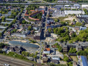 Aerial view, futuristic bus station at Herne railway station, Herne, Ruhr area, North