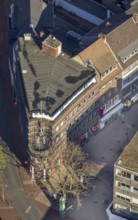 Aerial view, listed office building and commercial building with round balcony, at Westentor,