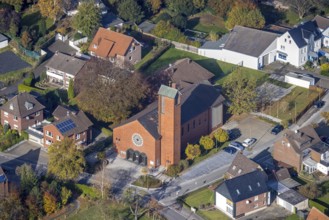 Aerial view, Catholic Church of the Holy Family, Rhynern, Hamm, Ruhr area, North Rhine-Westphalia,